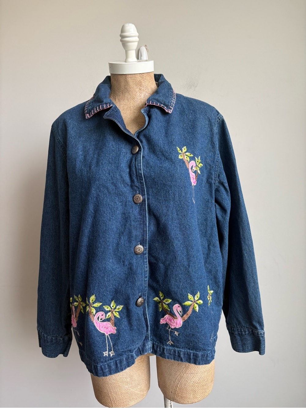 Sara Studio Flamingo Embroidered Denim Jacket Beaded Tropical Shirt Jacket Large - Picture 10 of 11